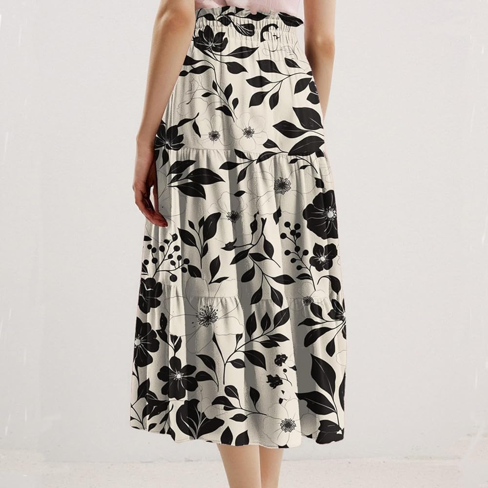 Long Skirt, Floral Maxi Summer Comfy Tiered Elastic High